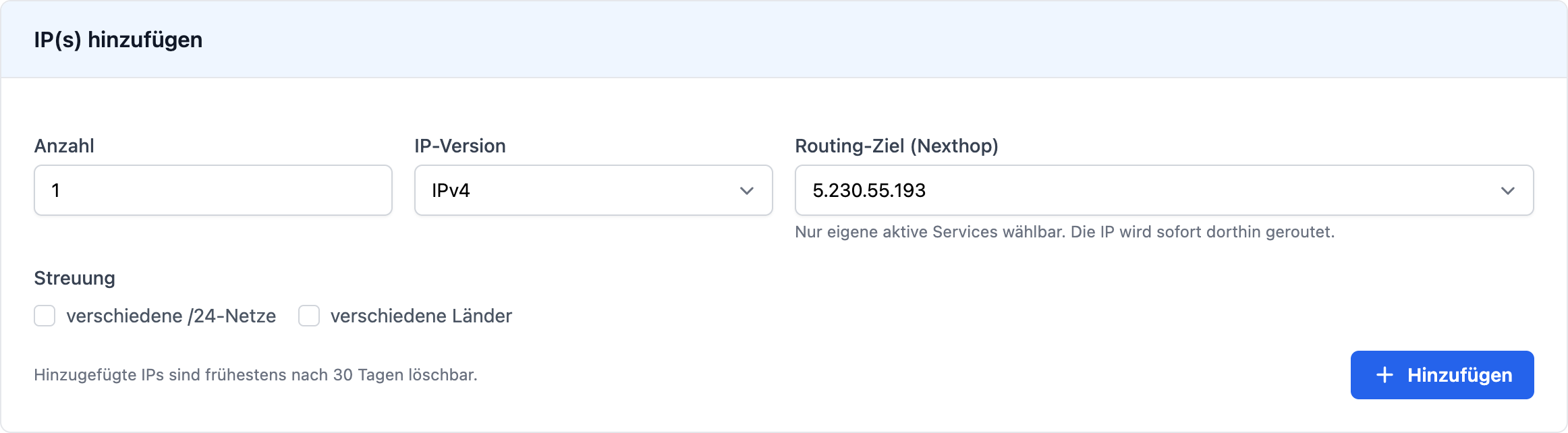 IP hinzufügen: Anzahl, IP-Version, Routing-Ziel (Nexthop) und Streuung wählen