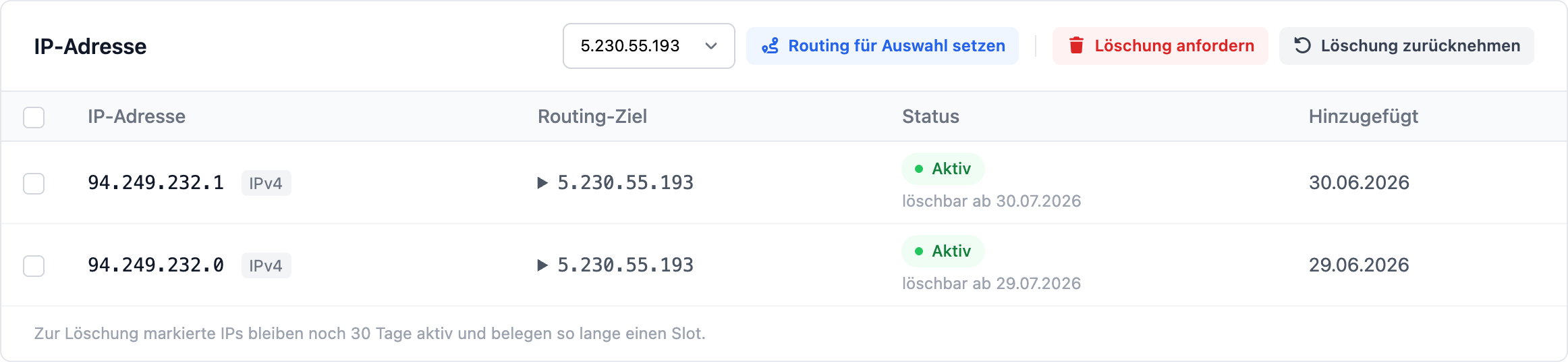 Multi-Service-IP-Verwaltung: IP-Liste mit Routing-Ziel und Status im noez.de Control Panel