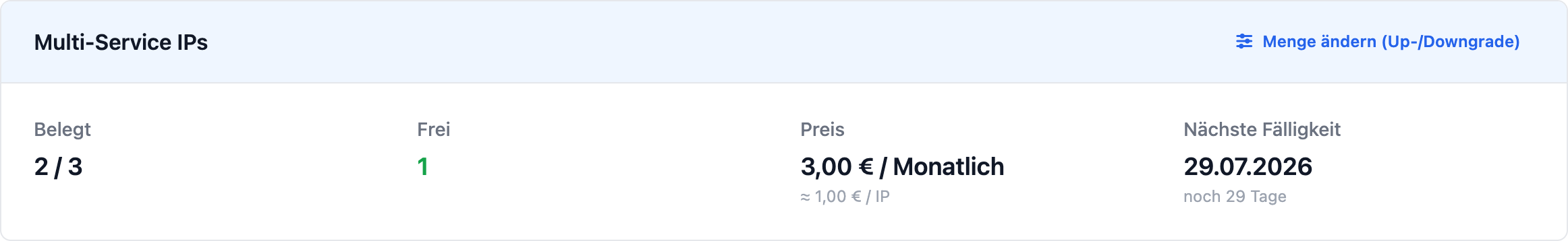 Übersicht: belegte/freie Slots, Preis pro IP und nächste Fälligkeit